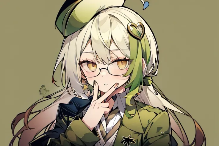 long ahoge,shirt,White hair,Brown eyes,circle-glasses,Brown tie,brown skirt,dark green beret,Dark green jacket,girl with,steampunkai,sleepeace,retro city background,jitome,hand to own mouth