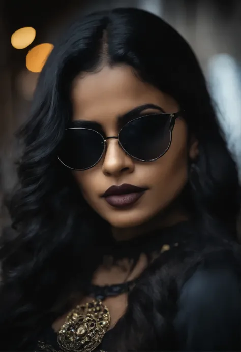 Portrait of an attractive beautiful tamil woman woman with black hair with gothic costume. ((big chest)) ,inspirada em "Jenna Ortega"(altamente detalhado: 1.2), Hyper-detailed eyes and use of high-tech sunglasses with holographic display 1.2)