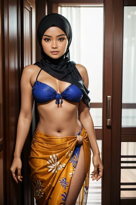 (highres, best quality), MalaysianIndonesian women standing topless next to the window, ((hijab)), plump breasts, (wore sarong batik only), anatomical correction, 