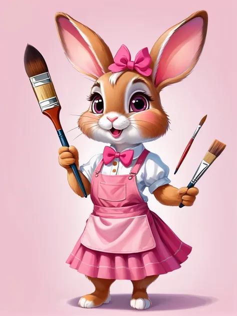 a cute rabbit wearing a white top and a pink skirt，hold the palette in your left hand，hold a paintbrush in your right hand，big e...