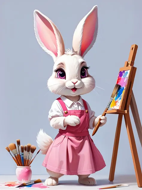 a cute rabbit wearing a white top and a pink skirt，hold the palette in your left hand，hold a paintbrush in your right hand，big e...