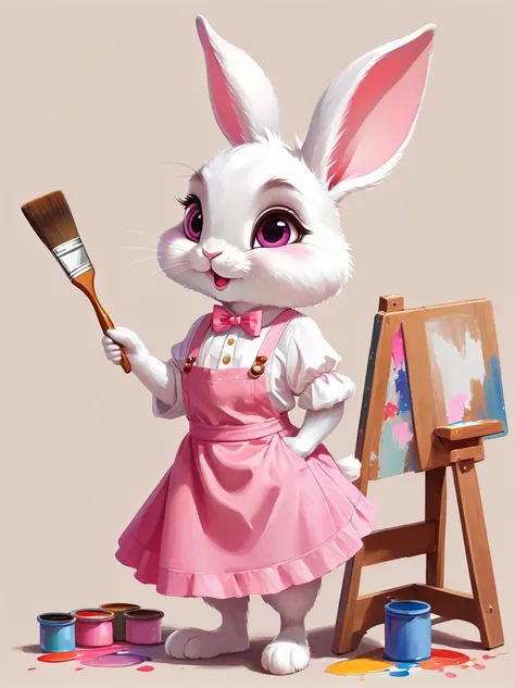 a cute rabbit wearing a white top and a pink skirt，hold the palette in your left hand，hold a paintbrush in your right hand，big e...