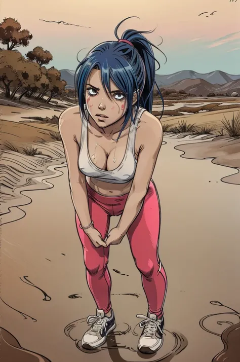 vector image, close-up, anime, junior girl,colored hair, gloomy orgasm,blush, sporty  leggings, sporty near quicksand bog,red,tears, desperation, sneakers, provocative photo, standing