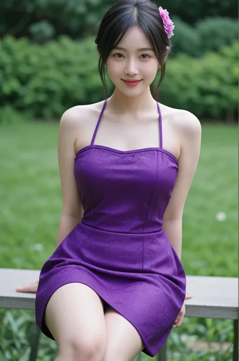 Realistic photo, beautiful Asian girl wearing a detailed dark purple short qipao, curvy figure, slim waist, bare shoulders, smiling, sitting, blurred background of flower garden.