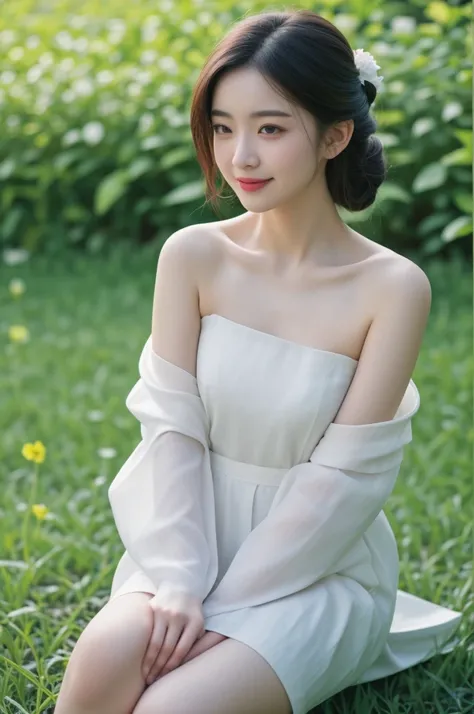 Realistic photo, beautiful Asian girl wearing a delicate short hanfu, curvy figure, slim waist, bare shoulders, smiling, sitting, blurred background of flower garden.