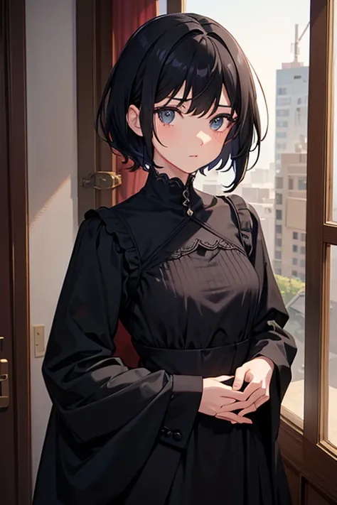 Detailed face, Late 20s, Fine grain, Short straight black hair , One girl, Small breasts, View your viewers, Visual Novel Sprites, Facing forward, Are standing, 8k, Speechless, Absurd,, masterpiece, I can&#39;t see the skin, clear, Plain black shirt, Eye h...