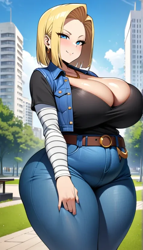 best quality, high-res, and18, 1girl, android 18, solo, blonde hair, blue eyes, belt, tight blue demin skirt, gold necklace, black shirt, short hair, long sleeves, striped sleeves, earrings, open vest, blue denim vest, massive fat breasts, cowboy shot, cit...