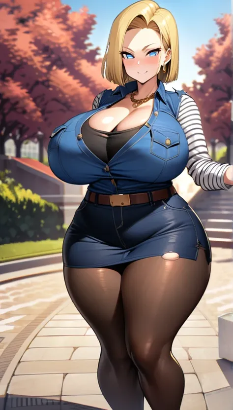 best quality, high-res, and18, 1girl, android 18, solo, blonde hair, blue eyes, belt, tight blue demin skirt, gold necklace, black shirt, short hair, long sleeves, striped sleeves, earrings, open vest, blue denim vest, massive fat breasts, cowboy shot, cit...