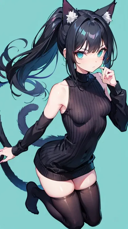 ponytail,Black Hair,Cat ear,Cyan eyes,Cat Tail,woman,slender,small breasts,pointy breasts, virgin killer sweater,black tights