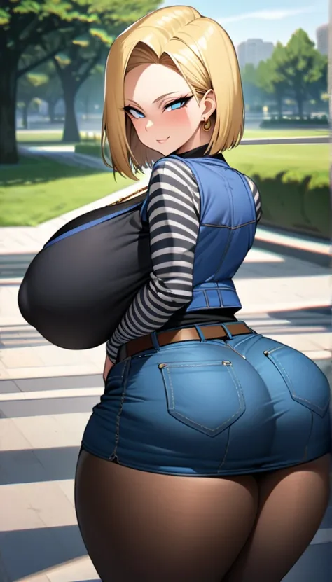 best quality, high-res, and18, 1girl, android 18, solo, blonde hair, blue eyes, belt, tight blue demin skirt, gold necklace, black shirt, short hair, long sleeves, striped sleeves, earrings, open vest, blue denim vest, massive fat breasts, cowboy shot, cit...