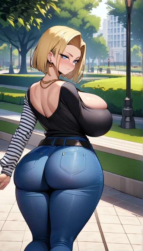 best quality, high-res, and18, 1girl, android 18, solo, blonde hair, blue eyes, belt, tight blue demin skirt, gold necklace, black shirt, short hair, long sleeves, striped sleeves, earrings, open vest, blue denim vest, massive fat breasts, cowboy shot, cit...