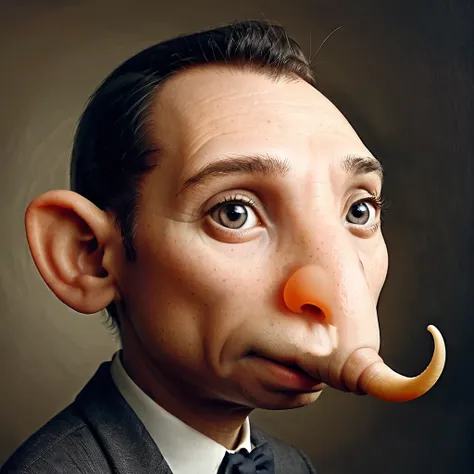 human portret with a big nose with a plasic baloon over the head