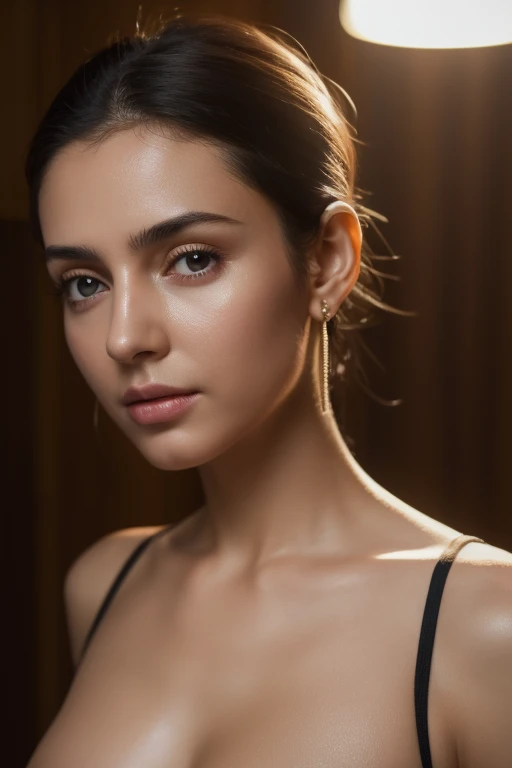 highres,4k,HDR,1girl, photorealistic, realistic,sweat skin, thin face, light makeup, standing,(((half body))), medium breasts,earing, nakelet,