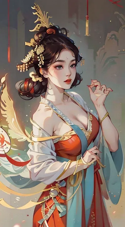 Chinese illustration, in pictures, in red, ,(Sagging breasts、Cleavage, cleveage、Thick thighs, Perfect body, )The background is the lights of ten thousand homes, Hair accessories, Depth of Field, Movie Lighting, Divine Light, Backlighting, High Detail, Ultr...