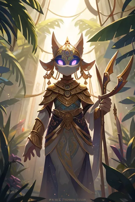 A tall figure stands confidently，Wearing glittering armor made of rainbow scales。Their skin has a soft glow，A faint light shone through the dense jungle around。They wear a mask，It is decorated with intricate patterns，Similar to the pattern of the fertility...