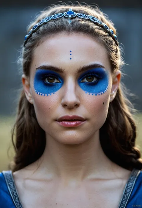 Portrait photo of a viking princess, Nikon Z9, realistic skin, ((skin texture)), (sharp focus), (high quality), looking straight forward, (symmetric:0.4),  ((professional blue metal makeup))