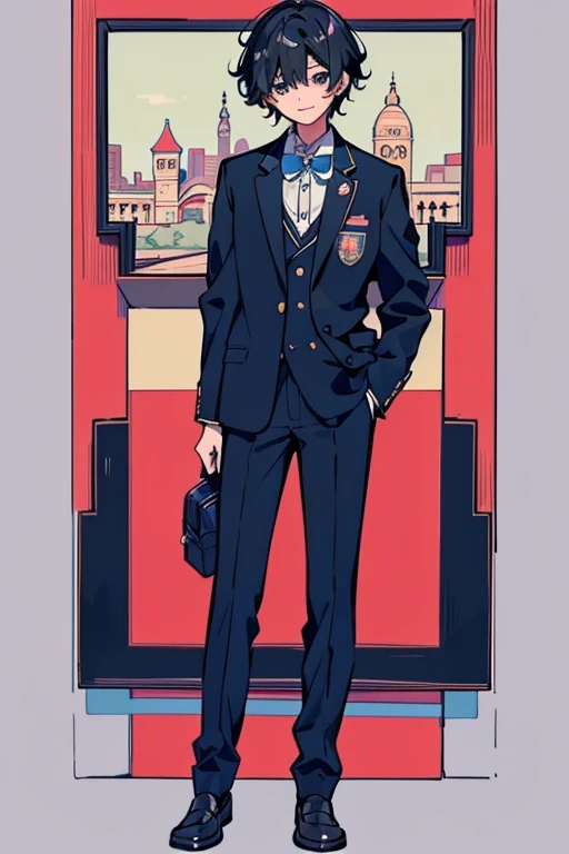 masterpiece, high quality, 最high quality, 男子high school student、16 years old、,One Boy、Black Hair、Curly hair、loafers、uniform、choir、high school student、16 years old少年、Standing posture、An illustration、profile、Relaxed pose、smile