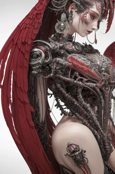 complex 3d render Super detailed beautiful death angel, Biomechanical Cyborg, Analog 150mm lens, Beautiful natural soft rim light, Crystal feathers, roots, Fine leaf lace, Colorful details, Costumes by Boris Bidjan Saberi, Pearl Earrings, Earrings, Art Nou...