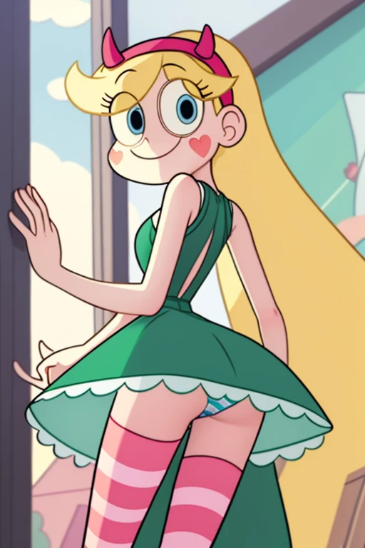 (masterpiece, best quality, high resolution:1.4), 1girl, woman, star butterfly, flat torso, flat chest, happy, cloud outfit, pouch, horn_hairband, dress, skinny body, cartoon proportion, looking at viewer, pantyhose, upskirt focus view, green striped panti...