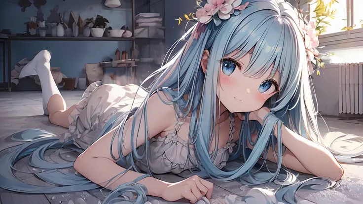 masterpiece, best quality, extremely detailed, (illustration, official art:1.1), 1 girl ,(((( light blue long hair)))), light blue hair, ,10 years old, long hair ((blush)) , cute face, big eyes, masterpiece, best quality,(((((a very delicate and beautiful ...