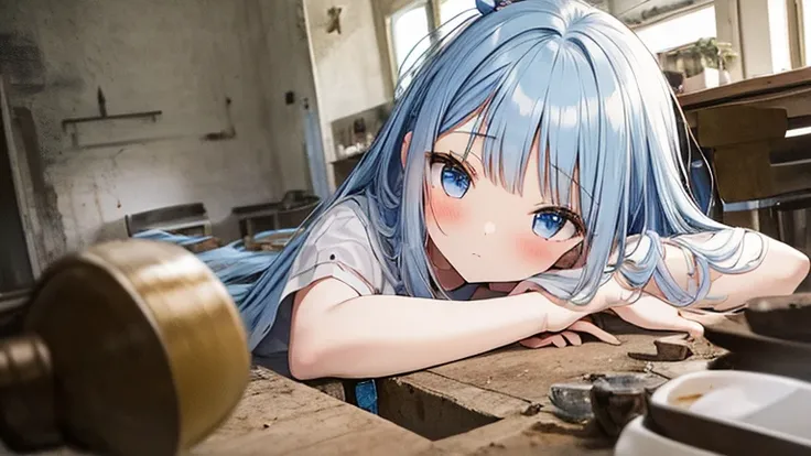 Masterpiece, best quality, extremely detailed, (illustration, official art: 1.1), (((((1 girl))))), ((light blue long hair))), light blue hair, 10 years old, ((blush)), cute face, big eyes, tareme, masterpiece, best quality, ((a very delicate and beautiful...