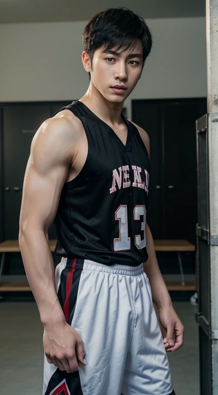 Realistic masterpiece, young Chinese man, Chinese male actor, Deng Lun is 18 years old.,  handsome, Good shape, big muscles, black hair,, Bright black eyes, Narrow eyes, Prominent nose, Thin mouth, Height 180 cm, Good shape, Wear a sexy translucent basketb...