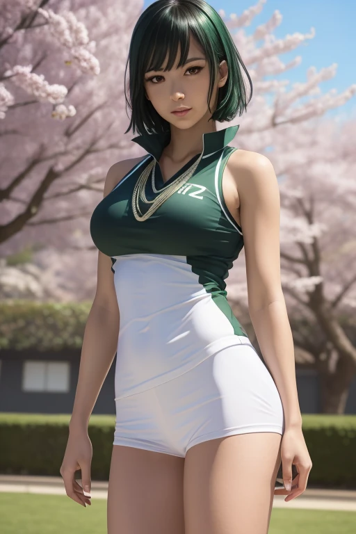 masterpiece, best quality, 1girl, detailed face features, beautiful face, fubuki, green hair, jewelery, necklace, mature female, perfect female body, large breasts, standing, outdoor, garden, cherry blossoms, looking at viewer, expressionless, wearing slee...