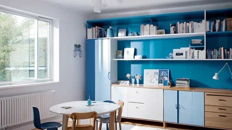 Rooms with simple design、Nordic style、White and blue、Bookshelf