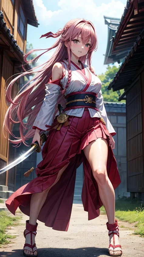 (highest quality)), ((masterpiece)), (Familiar), Perfect Face,Shiny skin,Beautiful breasts,how,Shiny skin、Kyoto Animation style painting、、Dark pink hair、Sunburned skin、Braided Hair、night、bike、Holding a Japanese sword、ruins、Combat Stance、Miko costume、