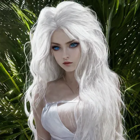 a close up of a woman with long white hair and blue eyes, detailed white long hair, with long white hair, with white long hair, ...