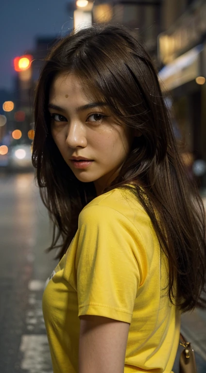 (Best quality, High resolution, Masterpiece :1.3), A Asian woman, Slender figure, long Dark brown hair, T-shirt yellow, (Street in city at night), Highly detailed face and skin texture, Detailed eyes, Double eyelid