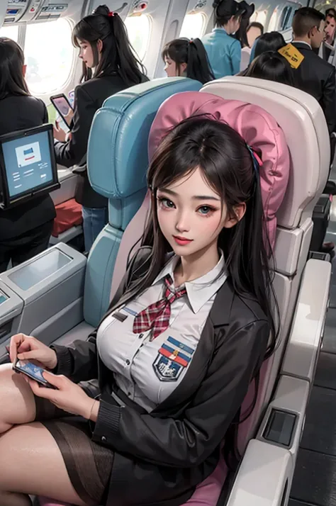 (masterpiece:1.2, best quality), 1 Girl, Solitary, Airline stewardess, , airplane, Serving passengers, Provide guidance, Responding to emergencies, Bangs, (Glowing skin:1.15),