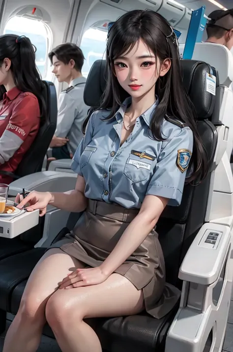 (masterpiece:1.2, best quality), 1 Girl, Solitary, Airline stewardess, , airplane, Serving passengers, Provide guidance, Responding to emergencies, Bangs, (Glowing skin:1.15),