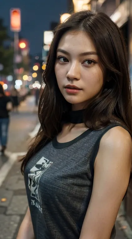 (Best quality, High resolution, Masterpiece :1.3), A Asian woman, Slender figure, long Dark brown hair, T-shirt, (Street in city at night), Highly detailed face and skin texture, Detailed eyes, Double eyelid