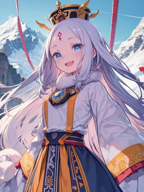 masterpiece、highest quality、High resolution、Very detailed、Medium wide shot、Girl、Fantasy、(((multiple_eyes)))、Three Eyes、There are eyes on the forehead、Beautiful eyes、Tibetan national costume、Snow Mountain、blue sky、laughing、