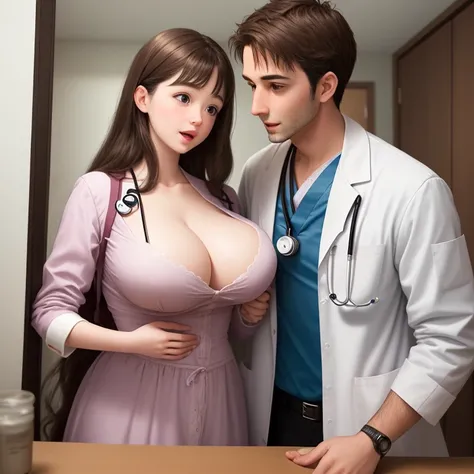 a male doctor playing with a girl with big breasts that looks like a doll, but is alive