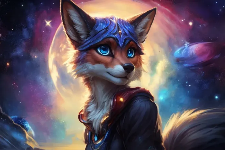 [f=" female, slim, cute, dark blue fur, long hairs, holding sun,gold detailes, anthro fox, fluffy, (aurelion_sol's colors, sky b...