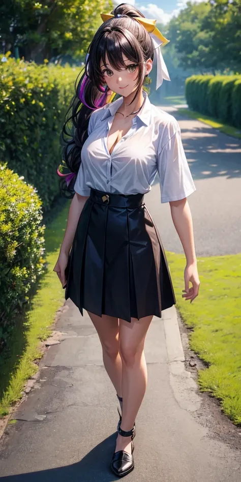 1girl, full body, solo, summer, village, trees, sun, clouds, ((colorful hair)), long hair, curly hair, ponytail, large breasts, ((black blazer)), button down shirt, ((white shirt)), ((short sleeved shirt)), ((unbuttoned shirt)), unbuttoning buttons, cleava...