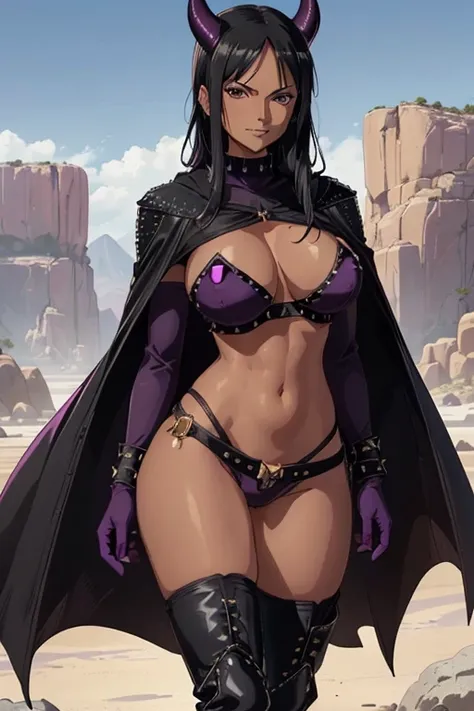 (masterpiece), best quality, expressive eyes, perfect face, Nico Robin at rocky desert, (rocky desert at night background), (standing), (smirk), (closeup view), (1girl, Nico Robin face, dark skin, tanned skin, tan, black hair, ponytail hairstyle, no bangs,...