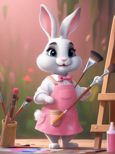 a cute rabbit wearing a white top and a pink skirt，hold the palette in your left hand，hold a paintbrush in your right hand，big e...