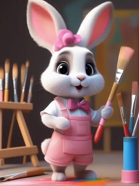 A cute rabbit wearing a white top and a pink skirt，Hold the palette in your left hand，Hold a paintbrush in your right hand，Big eyes and big ears，Character design dressed up as a painter style，Wearing a painter&#39;s hat，Cartoon Style，Illustration style，Ful...