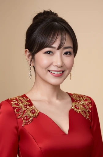 Masseter Film, highest quality, masterpiece, High resolution, realism, Original photo, 8k wallpaper, perfection, Professional Lighting, Very detailed, Written boundary depth, ((Beautiful woman in a sexy red Chinese dress)), ((Sexy 40 year old women)),,  ((...