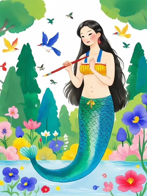 create an image of an asian mermaid with long hair in a forest setting, surrounded by birds, wildflowers, and irises. the artwor...