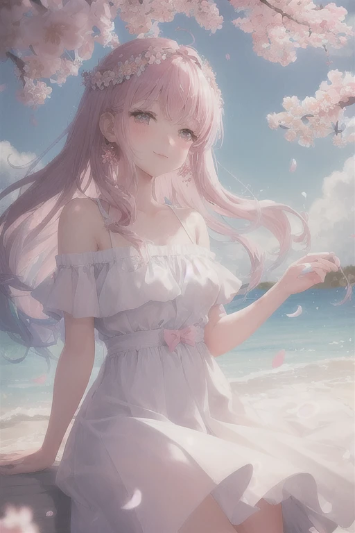 art by Cornflower, dreamy
cherry_blossoms, falling_petals, petals, branch, pink_flower, 1girl,20-year-old, blue_sky, spring_(season), petals_on_liquid, flower, hanami, dress, (Long blond curly hair：1.5),Wearing a wreath,sky, outdoors, cloud, bangs, smile, ...