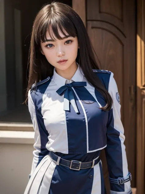 (masterpiece, highest quality:1.4), (whole body), (Are standing:1.2), (Sexy pose:1.5), One girl, alone, Inoue Check, Long Hair, bangs, Black Hair, (Purple eyes:1.2), Break Shirt, Long sleeve, dress, ribbon, , White shirt, Collared shirt, belt, neck ribbon,...