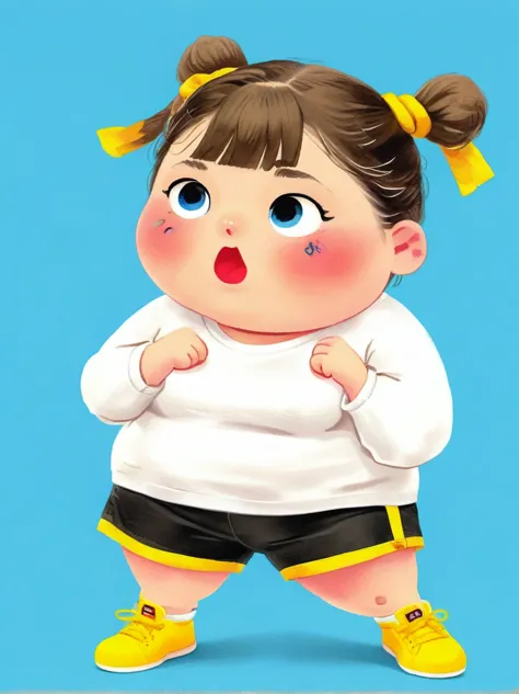 1 fat girl，Kissing in front of the camera，(one eye Close:1.6)，Wearing a simple white sweatshirtBREAK Black tie shorts，Bright yellow sneakers，Always ready for the challenge，Brown ponytail tied up high，Showing her lively and active side，The most eye-catching...