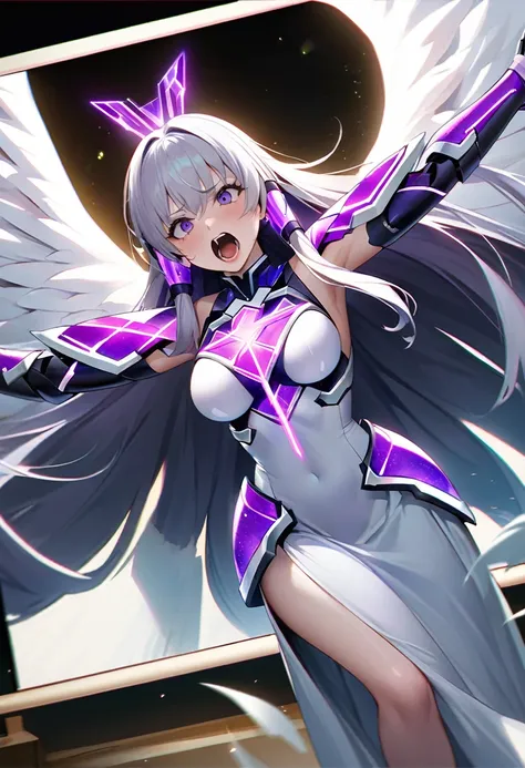 masterpiece、highest quality、Ultra-high resolution、Maximum resolution、Very detailed、Professional Lighting、anime、Adult women、thin、so beautiful、Screaming face、Brave face、Open your mouth、White and purple enamel high leg leotard、Purple pattern、((Cyber Armor))、L...