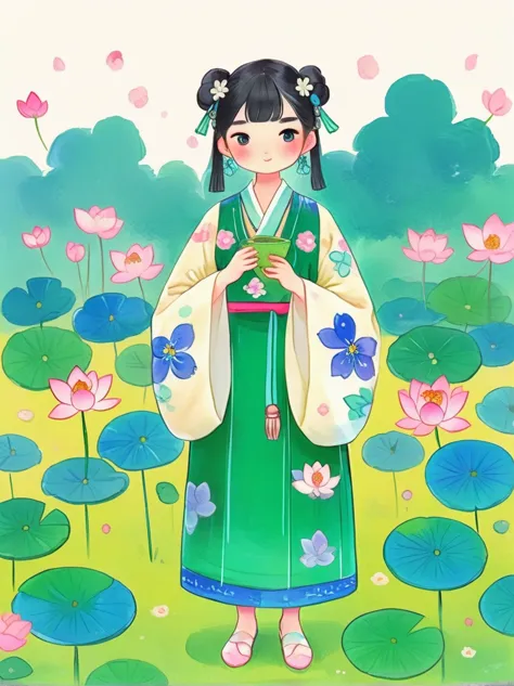 Anime Girl，Holding a green dress and a white flower in her hands，palace，A girl wearing Hanfu，Beautiful character painting，年轻的Anime Girl，美丽的Anime Girl，Guweiz-style artwork，Chinese Girl，Cute anime visual girl，Lotus flower crown girl，可爱的Anime Girl，Standing gr...