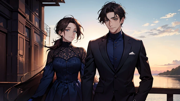 masterpiece, highest quality, 2 He, Couple, One man and one woman,mature, Adult, Height difference, Different Fashion, Different colors, Fine eyes and a fine face, ,Men have dark blue hair, A man with a navy blue low ponytail,suit,Intricate details,,Dawn S...