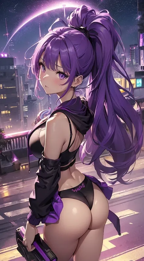 top-quality、Top image quality、​masterpiece、girl with((18year old、Best Bust、big bast,Beautiful purple eyes、Breasts wide open, Purple ponytail、A slender、Large valleys、Purple Sports Bra、Black jacket,Purple shorts,Red high heels、Reflecting the whole body、Purpl...